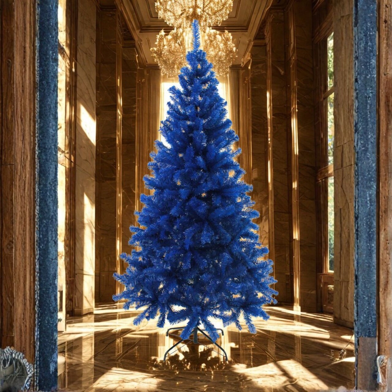 7 ft Blue Canadian Pine Christmas Tree with Hinged Branches and Metal Stand